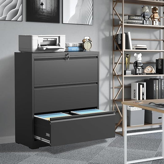 File Cabinets 3 Drawer,Metal Office Storage Filing Cabinet with Lock,Black Lateral Filing Cabinet for Home Office,Horizontal Locking File Cabinets for Legal/Letter/A4 Files,Assembly Required