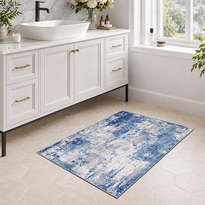 RELEANY Washable Area Rugs 2'x3' Non-Slip Modern Abstract Soft for Living Room Entryway Bedroom Kitchen, Print Pattern, Blue Grey Navy Gray