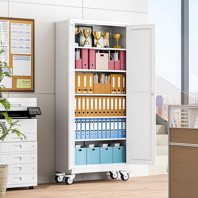 winiowa 75" Tall Metal Garage Storage Cabinet with Wheels, Steel Locking Rolling Tool Cabinet with 5 Adjustable Shelves for Garage,Home,Office (White)