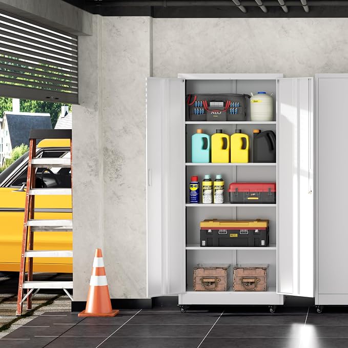 INTERGREAT Metal Storage Cabinet with Wheels, 73" Garage Storage Cabinet with Door and 4 Shelves, Tool Cabinet on Caster for Home, Office, White