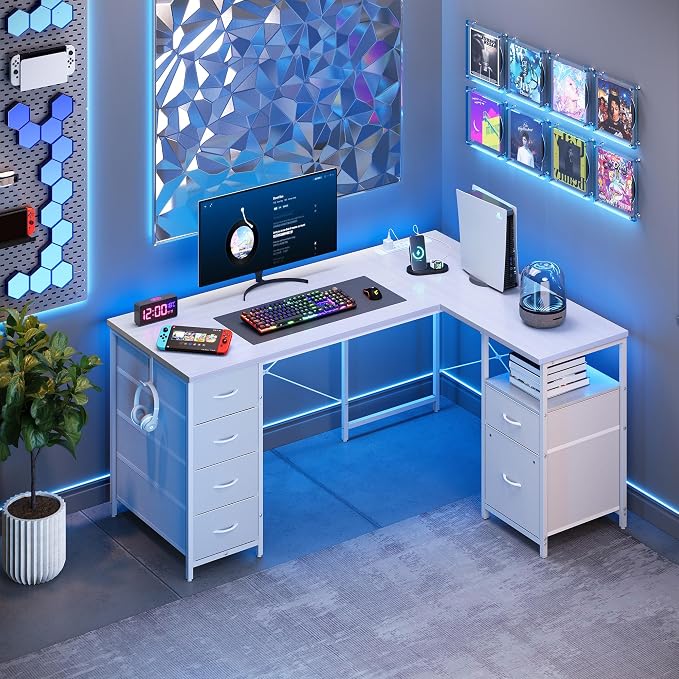 YOUDENOVA 55 Inch L Shaped Desk with Power Outlets & Type-C Port, Reversible Corner Computer Desk with 6 Drawers & File Cabinet, Large Workstation for Home Office, Gaming, Study, White