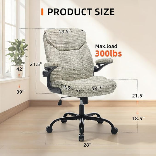 Home Office Ergonomic Desk Chair - Comfy Fabric Executive Chair with Flip-Up Armrests, Height Adjustable Computer Chair for Gaming, 360° Swivel & Rocking (Mint Green)
