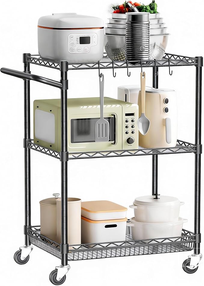 Rolling Utility Metal Carts with Wheels 3 Tier Heavy Duty Storage Cart 750Lbs Capacity Adjustable Kitchen Organizer Cart with Handle & Shelf Liner Commercial Grade Trolley for Indoor & Outdoor Use