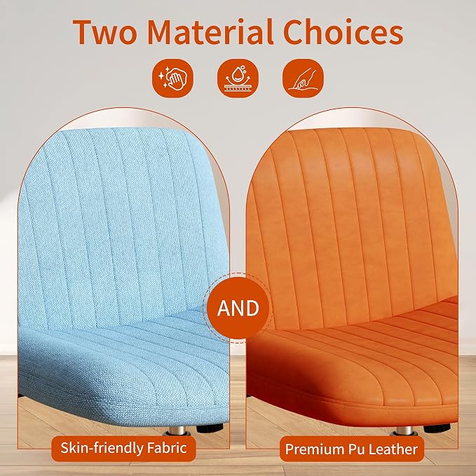 Criss Cross Chair with Wheels, Cross Legged Office Chair, Armless Office Chairs Adjustable Height Swivel Tilting Fabric Vanity Chairs for Home Bedroom (Blue)