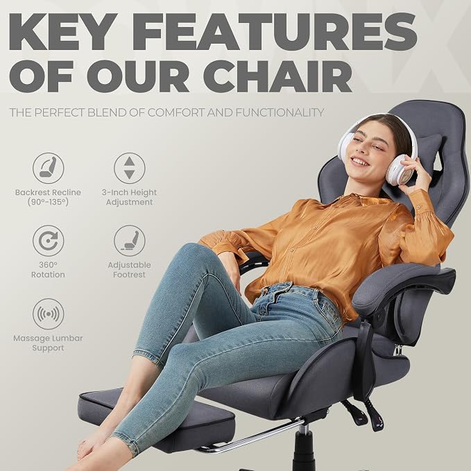 Dowinx Gaming Chair Fabric with Pocket Spring Cushion, Massage Game Chair Cloth with Headrest, Ergonomic Computer Chair with Footrest 290LBS, Grey
