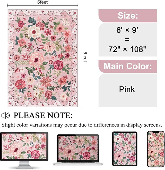 DUKINO 6x9 Area Rug, Floral Rugs for Living Room, Lightweight Non Slip Washable Rug, Indoor Low Pile & Non-Shedding Boho Design Rugs for Bedroom, Living Room, Dining Room, Pink
