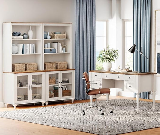 WAMPAT Home Office Furniture Set, 56" Executive Desk with Charging Station, 72" Tall Bookcase with 4 Glass Doors, Wood Computer Desk with File Cabinet Storage, Open Shelf, White