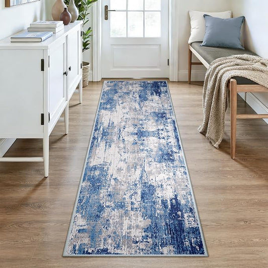 RELEANY Washable Area Rugs 3x8 Non-Slip Modern Abstract Soft for Living Room Entryway Bedroom Kitchen, Print Pattern, Blue Grey Navy Gray