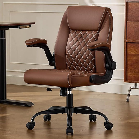 Leather Office Chair, 300lbs Heavy Duty Mid-Back Desk Chairs with Flip-up Armrests, Space-Saving Swivel Task Chair with Wheels, Adjustable Height and Ergonomic Back Support, Brown