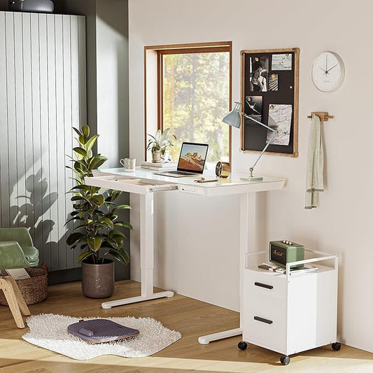 BANTI Electric Standing Desk with Drawers, 48 inch Whole-Piece Glass Desktop, Height Adjustable Stand up Sit Stand Home Office Ergonomic Workstation, White Tabletop