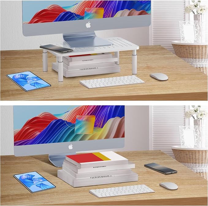 Bracwiser Monitor Stand Riser, Metal Computer Stand, 3 Height Adjustable Screen Riser with Mesh Platform for PS4, Laptop, Printer, Notebook and All Flat Screen, Holds Up to 20KG,White