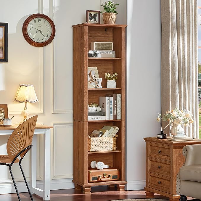 SAVOR LIFE Narrow Brown Book Shelf, 70" Tall Skinny Bookshelf with Adjustable Shelves & Wooden Legs, Farmhouse Wood Bookcase w/5-Tier Open Storage, Free Standing Book Case for Office,Living Room,3PCS