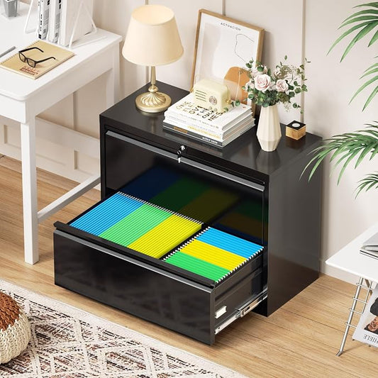 Crownland Lateral File Cabinet with 2 Drawers, 28" W Metal Lockable Office File Cabinets for Home Office- Stores Letter/Legal/A4/F4 Files(Black)
