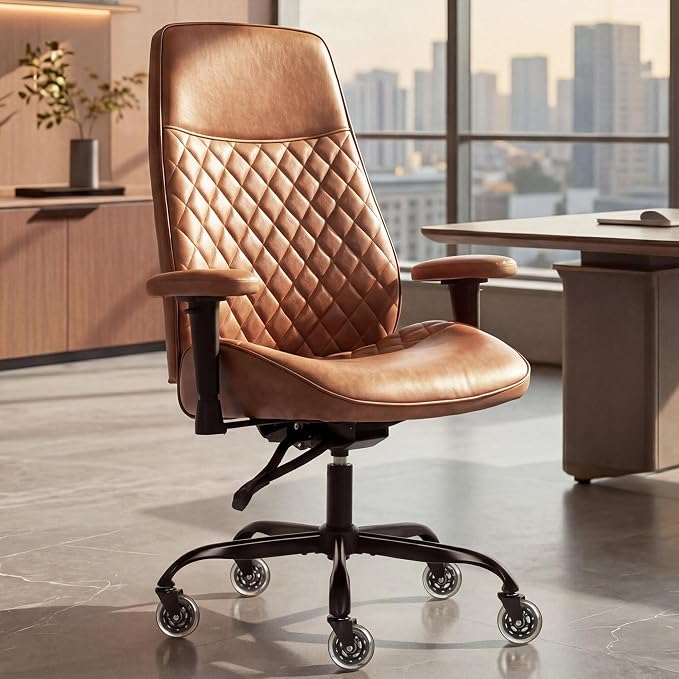NEO CHAIR Ergonomic Leather Office Desk Chair with Adjustable Height Armrests High Back Lumbar Support Swivel Executive Computer Chair with Wheels Comfy Home Office Chair for Adults (Brown)