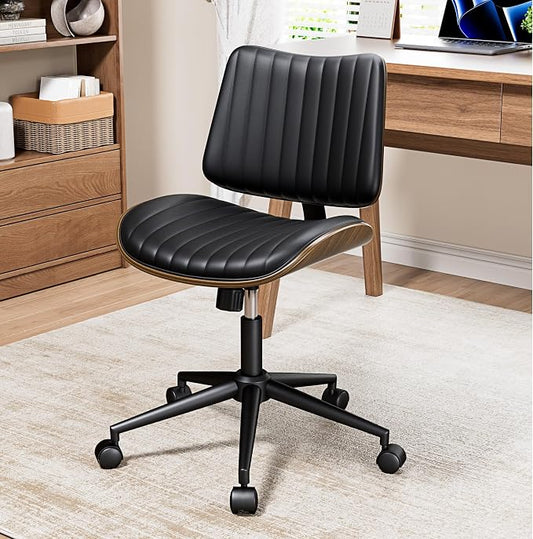 REONEY Home Armless Office Chair Set of 2, Modern Walnut Desk Chair with Wheels, Adjustable Swivel Rolling Task Chair with Curved Back for Reading,Meeting Room, Black