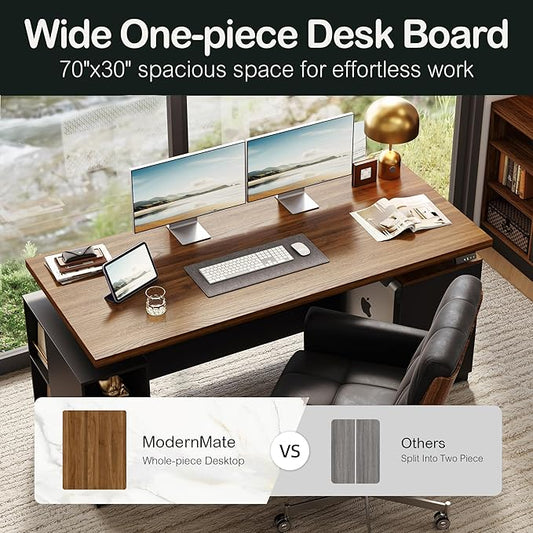 ModernMate 71" Electric Standing Executive Desk with Privacy Panel, Large One-Piece Height Adjustable Stand Up Desk, Power Outlet & Storage for Home Office, Black Walnut