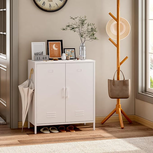 Steehoom Metal Cabinet with 2 Door and Adjustable Shelf, Metal Locker Horizontal White Storage Cabinet for Home, Office, School, Entryway, Garage (White, H35.43'')