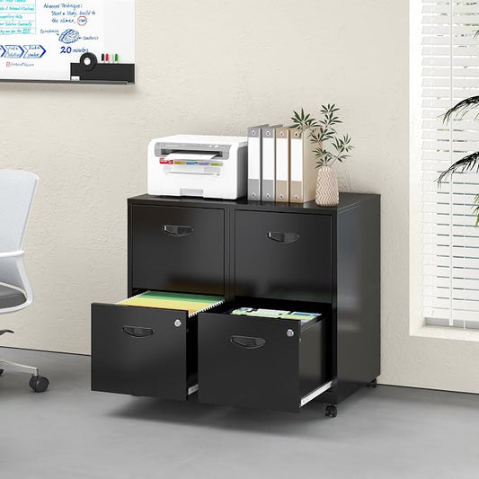 UNICOLY 2 Drawer File Cabinet with Lock, Filing Cabinets with Wheels, Rolling File Cabinets for Home Office, Metal Office File Cabinet, for Holding Letters and File Boxes, Assembly Required, Black
