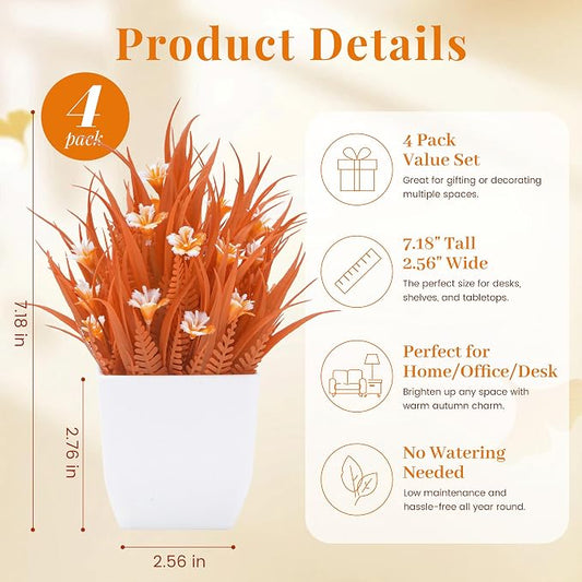 Der Rose 4 Pack Fall Fake Flowers Mums Artificial Plants in Pots Home Decor | Autumn-color potted flowers, warm seasonal faux blooms, for bathroom desk shelf office wedding and fall farmhouse home decor