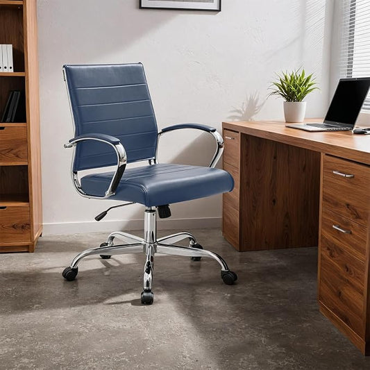 LeisureMod Benmar Leather Office Desk Chair, Mid-Back Ergonomic Swivel Chair with Lumbar Support, Adjustable Height, Tilt Lock, Cushioned Seat & Back, Home Office Task Chair (Navy Blue, Set of 2)