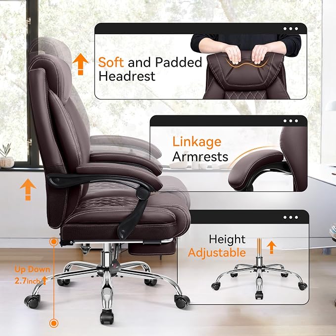 BestGlory Office Chair, Executive Leather Chair Adjustable High Back, Computer Desk Chair Lumbar Support, Big and Tall Office Chair with Footrest, Comfy Reclining Chair for Home Office
