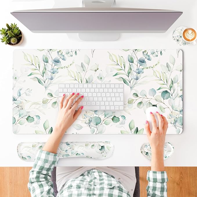 QIYI Leather Desk Mat Set, 4-in-1 Large Mouse Pad with Ergonomic Wrist Rest, Waterproof Desk Pad + Keyboard Wrist Rest + Mouse Wrist Support + Coaster, Non-Slip Office Gaming Accessories, Eucalyptus