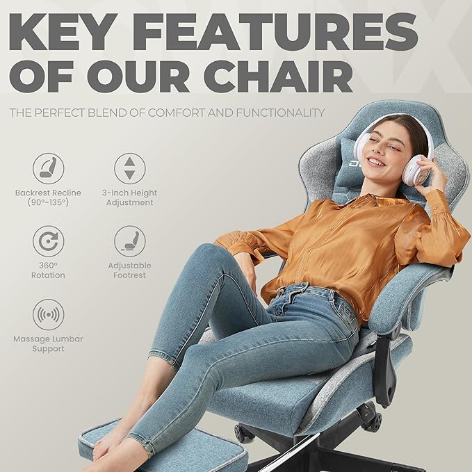 Dowinx Gaming Chair Fabric with Pocket Spring Cushion, Massage Game Chair Cloth with Headrest, Ergonomic Computer Chair with Footrest 290LBS, Blue and Grey