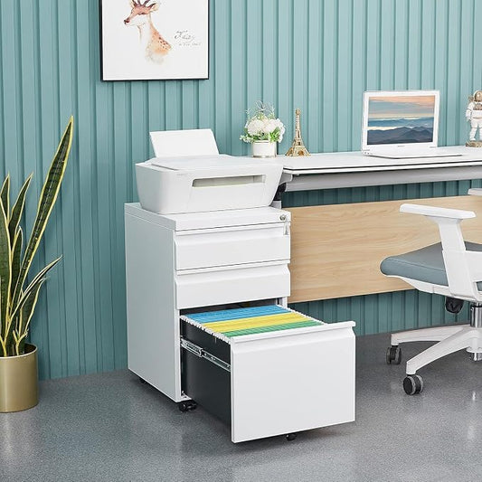Guizeeopo 3 Drawer File Cabinet with Lock, File Cabinets for Home Office,Under Desk Cabinet, Locking File Cabinet for A4/Letter/Legal, Fully Assembled Expect Casters, Matte White