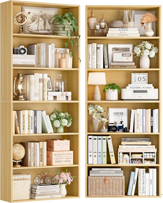 FOTOSOK 6-Tier Open Bookcase and Bookshelf, Freestanding Display Storage Shelves Tall Bookcase for Bedroom, Living Room and Office,Natural Set of 2