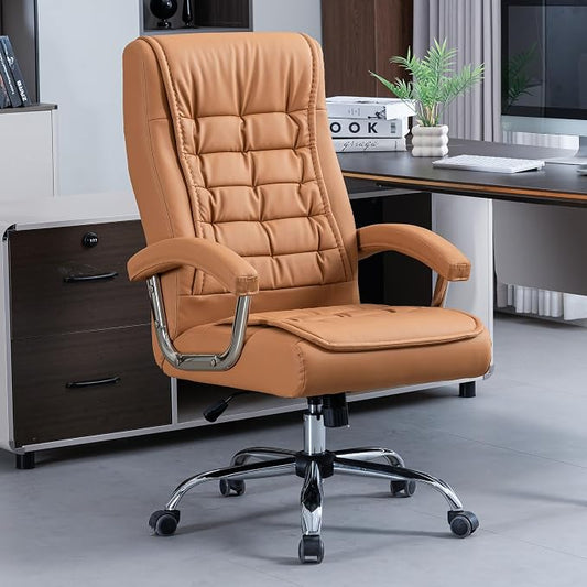 Executive Office Chair Adjustable Leather Chair High Back Swivel Office Desk Chair with Padded Armrest 350lbs Load-Bearing Spring Seat Computer Desk Chair for Home Office, Khaki