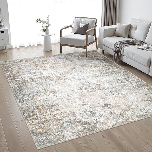 5x5 Area Rug Living Room Rug: Washable Modern Abstract Soft Thin Rug Indoor Floor No Slip Stain Resistant Carpet for Bedroom Dining Room Farmhouse Nursery Home Office - Brown Grey