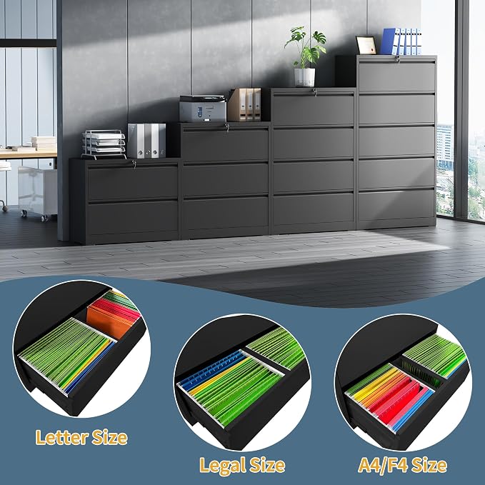 2 Drawer File Cabinet with Lock, Lateral Filing Cabinets,Metal Storage Filing Cabinets for Home Office, Heavy Duty File Cabinet for Letter/Legal/A4/F4 Size Amsseble Required, Black