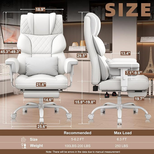 Vonesse Big and Tall Office Chair, Desk Chair with Soft Adjustable Armrests, Ergonomic High Back Gaming Chair with Lumbar Support, Executive Computer Chairs with Footrest (PU Leather,White)