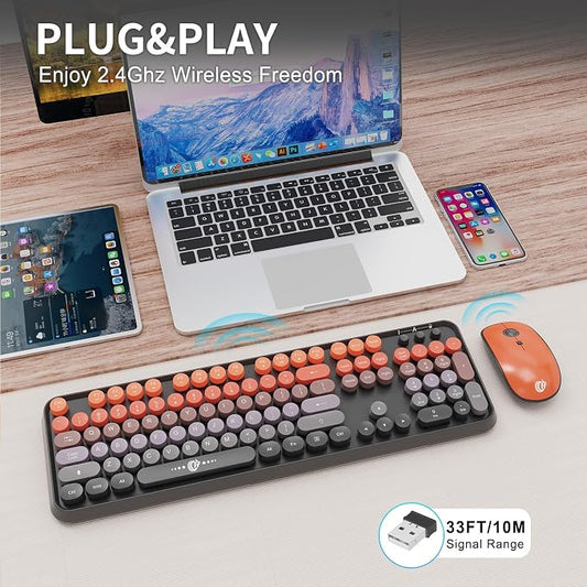 Wireless Keyboard and Mouse Combo, 2.4G USB Cordless Round Keyboard and Mouse for Laptop Computer TV (102 Keys Black Orange)