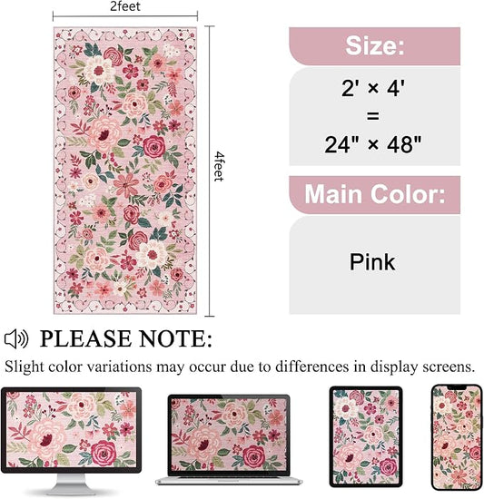 DUKINO 2x4 Rug for Entryway, Washable Kitchen Floral Runner Rug with Non Slip Backing, Low Pile Soft Boho Carpet for Kitchen, Hallway, Entryway, Laundry, Bedroom, Pink