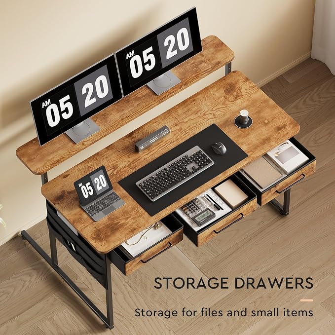 Maihail Computer Desk with Drawers, 47.2X15.8-22.9 Inches Office Computer Desk with Side Pocket & Ergonomic Monitor Stand, Writing Table for Small Spaces, Bedroom, Rustic Brown
