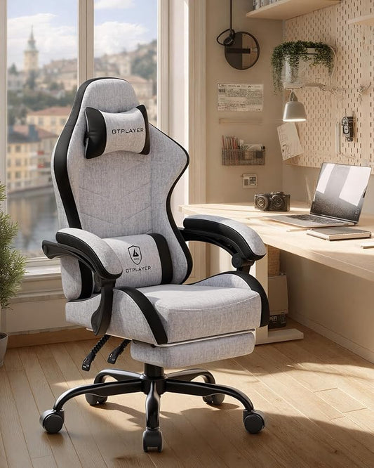 GTPLAYER Gaming Chair with Footrest, Computer Gaming Chair for Adults, Height Adjustable Gamer Chair with 90-155° Recline & Removable Headrest Lumbar Support,Linen Fabric Gray-Black