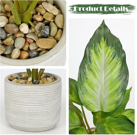 Small Fake Plants Indoor 14.5 Inch Potted Plant Artificial Decor 12 Leaves Faux Plant with Cement Pot Silk House Plants for Home Office Bathroom Kitchen Farmhouse Table Centerpieces Shelf Decor