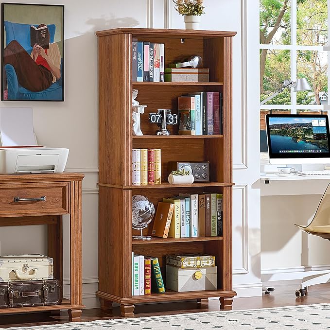 SAVOR LIFE 70" Tall Brown Bookshelf,5 Tier Wooden Book Shelf with Adjustable Shelves & Wood Legs,Free Standing Farmhouse Bookcase with Open Display Storage,Vintage Bookshelves for Classroom, 2PCS