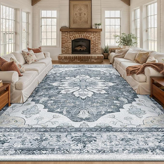 RELEANY Area Rugs Large 10'x14' Washable Non-Slip, Floral Vintage Distress Medallion Carpet for Living Room Bedroom Dining Room, Light Gray Grey White