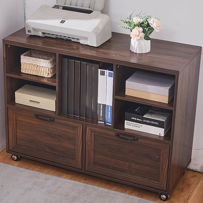 40" Lateral File Cabinet,Farmhouse Wood Small Home Office Storage with Wheels,Filing Cabinet with 2 Drawers for Legal/Letter/ A4 Size (Brown)