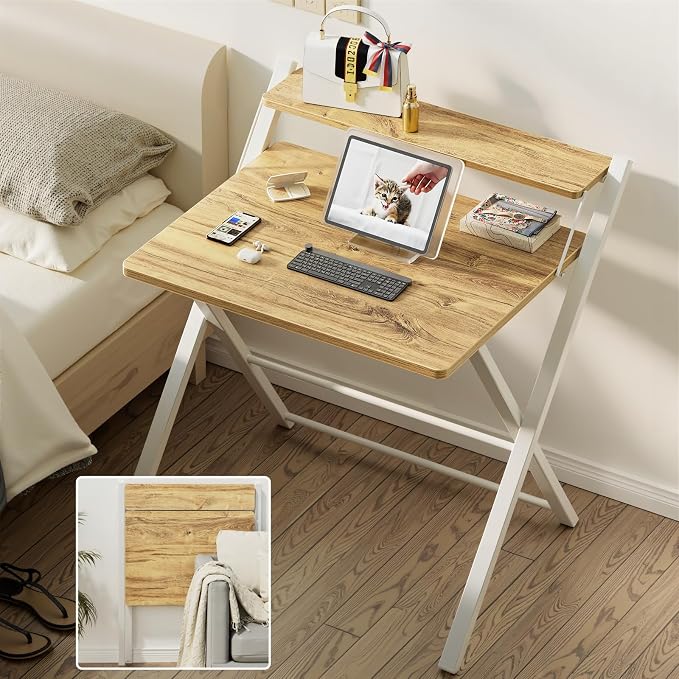GreenForest No Assembly Folding Desk, 2-Tier Compact Computer Desk with Shelf, 30 inch Space Saving Foldable Table for Home Office, Dorm or Apartment, Portable Collapsible Sturdy Laptop Desk, Oak