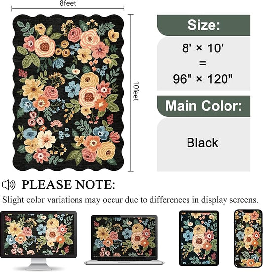 DUKINO 8x10 Area Rug, Floral Washable Rugs for Living Room with Non Slip Backing & Non-Shedding, Lightwight Low Pile Boho Design Large Carpets for Bedroom, Living Room, Dining Room, Black