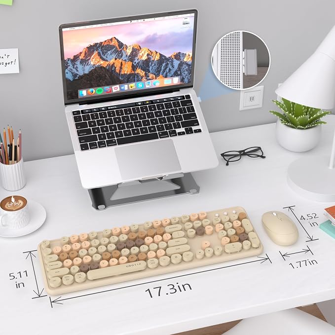 UBOTIE Colorful Wireless Keyboard and Mouse Combos, Retro Typewriter Floating Flexible Full-Sized Keys Computer Keyboard with Optical Mouse, 2.4GHz USB Connection for Windows Mac (Milk Tea -Colorful)