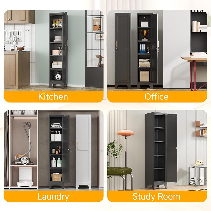 67"H Black Metal Locker with 1 Lockable Door and 4 Adjustable Shelves For Employees, 5 Tier Small Storage Cabinet with Detachable Legs and Vintage Handle for Kitchen,Office,Gym,School,Easy Assembly