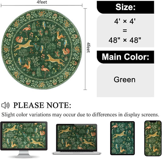 DUKINO 4ft Round Rug, Washable Round Area Rug, Non Slip Indoor Low Pile Animal Design, Soft Small Vintage Circle Carpet for Bedroom, Entryway, Living Room, Dining Room, Green