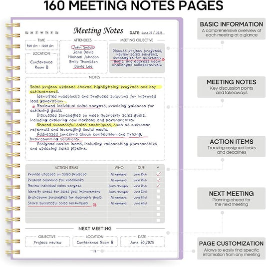 Meeting Notebook for Work Organization - Work Planner Notebook with Action Items, Agenda Planner for Note Taking, 160 Pages (6.9" X 9.9") Project Organizer for Men & Women - Lavender