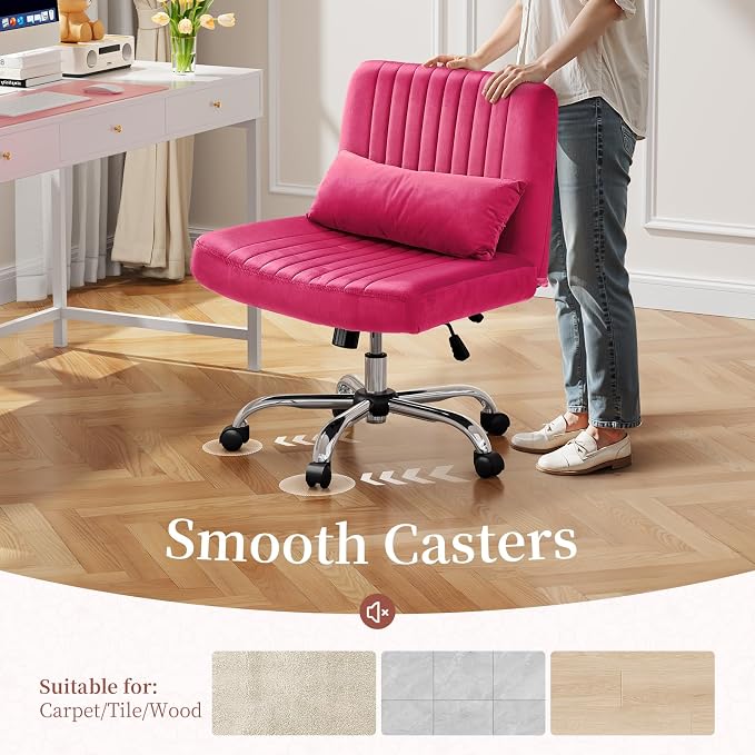 Warmiehomy Criss Cross Office Chair with Wheels, Velvet Cross Legged Desk Chairs for Home, Height Adjustable Swivel Wide Seat Computer Chair, Modern Vanity Chair for Women, Hot Pink