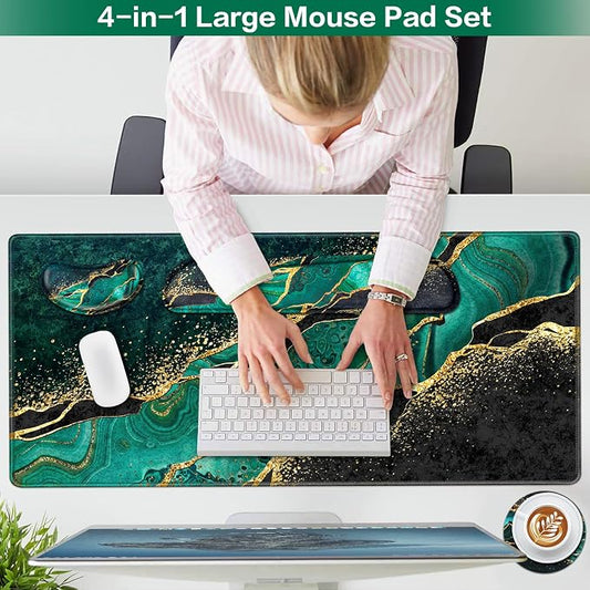 Mouse Pad Green, Desk Mat, Large Gaming Mouse Pad with Wrist Rest, 4in1 XXL Mousepad+Keyboard Wrist Rest+Mouse Pad Wrist Support+Cup Coaster Set Ergonomic Computer Desk Pad for Decor Office Women