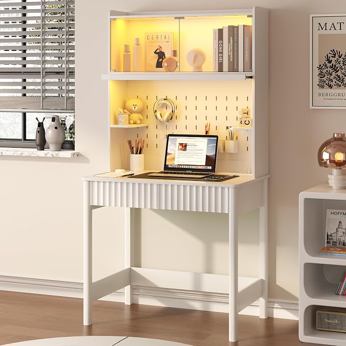 Lvifur 31.5" Small Study Desk with - Glass Doors,Computer Desk w/Charging Station and LED Reading Lights,Compact Writing Desk with Drawers,Writing Home Office Desks for Small Spaces Bedroom,White